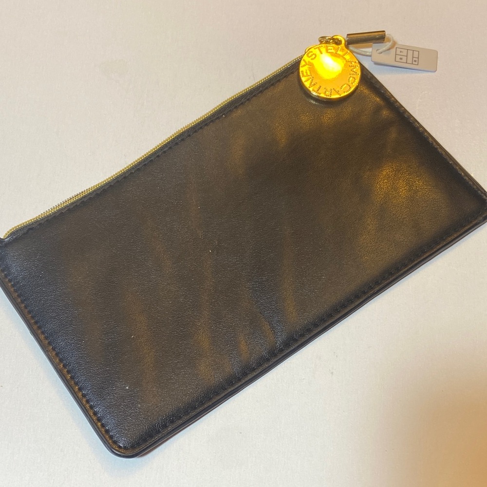 Stella McCartney Black Faux Leather Pouch Cosmetic Case Gold Medallion Zip Charm